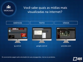 Você sabe quais as mídias mais
visualizadas na internet?
GRÁFICOS TEXTO VÍDEOS
Os anunciantes pagam pela veiculação de suas propagandas, marcas ou produtos.
ig.com.br google.com.br youtube.com
MERCADO
 