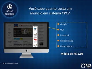 Você sabe quanto custa um
anúncio em sistema CPC?
Google
UOL
Facebook
Mercado ADS
Entre outros...
CPC = Custo por clique
Média de R$ 1,50Média de R$ 1,50
NOSSO
NEGÓCIO
 