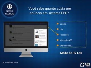 Você sabe quanto custa um
anúncio em sistema CPC?
Google
UOL
Facebook
Mercado ADS
Entre outros...
CPC = Custo por clique
Média de R$ 1,50Média de R$ 1,50
NOSSO
NEGÓCIO
 