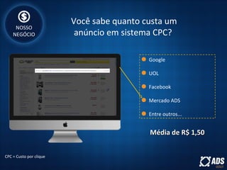 Você sabe quanto custa um
anúncio em sistema CPC?
Google
UOL
Facebook
Mercado ADS
Entre outros...
CPC = Custo por clique
Média de R$ 1,50Média de R$ 1,50
NOSSO
NEGÓCIO
 