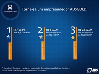Torne-se um empreendedor ADSGOLD
* Consultar informações constantes no contrato. Contrato com validade de 365 dias a
contar da data de ativação do empreendedor no sistema.
OPORTUNIDADE
R$ 100,00R$ 100,00
Alocação na rede
R$ 650,00R$ 650,00
Ganho semanal
de R$ 40,00 *
R$ 2.850,00R$ 2.850,00
Ganho semanal
de R$ 200,00 *
 