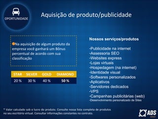 Aquisição de produto/publicidade
Na aquisição de algum produto da
empresa você ganhará um Bônus
percentual de acordo com sua
classificação
* Valor calculado sob o lucro do produto. Consulte nossa lista completa de produtos
no seu escritório virtual. Consultar informações constantes no contrato.
STAR SILVER GOLD DIAMOND
20 % 30 % 40 % 50 %50 %
OPORTUNIDADE
Nossos serviços/produtos
-Publicidade na internet
-Assessoria SEO
-Websites express
-Lojas virtuais
-Hospedagem (na internet)
-Identidade visual
-Softwares personalizados
-Aplicativos
-Servidores dedicados
-VPS
-Campanhas publicitárias (web)
-Desenvolvimento personalizado de Sites
 