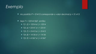 Exemplo
 Ao padrão P = 31415 corresponde o valor decimal p = 31.415
 Seja T = 123141567, então:
 T[1..5] = 12314 e t0 = 12314
 T[2..6] = 23141 e t1 = 23141
 T[3..7] = 31415 e t2 = 31415
 T[4..8] = 14156 e t3 = 14156
 T[5..9] = 41567 e t4 = 41567
 