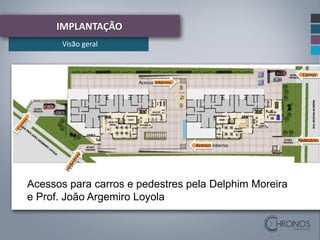 IMPLANTAÇÃO
Visão geral

Carros
Acesso interno

Acesso interno

Acessos para carros e pedestres pela Delphim Moreira
e Prof. João Argemiro Loyola

Pedestres

 