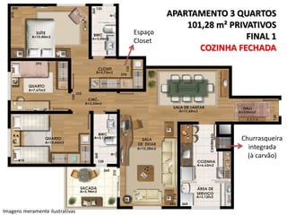 Espaço
Closet

APARTAMENTO 3 QUARTOS
101,28 m² PRIVATIVOS
FINAL 1
COZINHA FECHADA

Churrasqueira
integrada
(à carvão)

Imagens meramente ilustrativas

 
