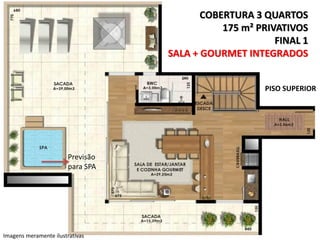 COBERTURA 3 QUARTOS
175 m² PRIVATIVOS
FINAL 1
SALA + GOURMET INTEGRADOS
PISO SUPERIOR

Previsão
para SPA

Imagens meramente ilustrativas

 