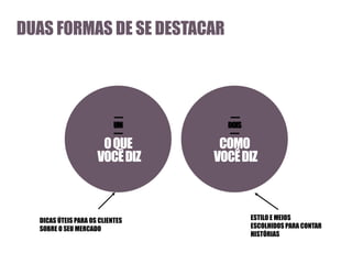 DUAS FORMAS DE SE DESTACAR

—

—

UM

DOIS

O QUE
VOCÊ DIZ

COMO
VOCÊ DIZ

—

DICAS ÚTEIS PARA OS CLIENTES
SOBRE O SEU MERCADO

—

ESTILO E MEIOS
ESCOLHIDOS PARA CONTAR
HISTÓRIAS

 