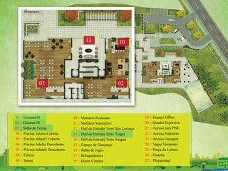 01 :: Goumet 01
02 :: Goumet 02
03 :: Salão de Festas
04 :: Piscina Adulta Coberta
05 :: Piscina Infantil Coberta
06 :: Piscina Adulto Descoberta
07 :: Piscina Infantil Descoberta
08 :: Fitness
09 :: Sauna
10 :: Vestiário Feminino
11 :: Vestiário Masculino
12 :: Hall de Entrada Torre São Lorenço
13 :: Hall de Entrada Torre Tingui
14 :: Hall de Entrada Torre Tanguá
15 :: Espaço de Descanço
16 :: Salão de Jogos
17 :: Brinquedoteca
18 :: Home Cinema
19 :: Espaço Office
20 :: Quadra Esportiva
21 :: Acesso para PNE
22 :: Acesso Pedestres
23 :: Acesso Garagem
24 :: Vagas Visitantes
25 :: Praça da Leitura
26 :: Guarita
27 :: Playground
01
0203
13
 