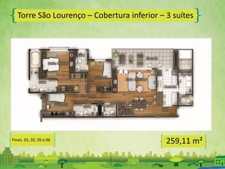 Torre São Lourenço – Cobertura inferior – 3 suítes
259,11 m²Finais 01, 02, 05 e 06
 