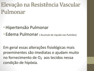 Elevação na Resistência Vascular
Pulmonar
• Hipertensão Pulmonar
• Edema Pulmonar ( Acumulo de Líquido nos Pulmões)
Em geral essas alterações fisiológicas mais
proeminentes são imediatas e ajudam muito
no fornecimento de O₂ aos tecidos nessa
condição de hipóxia.

 