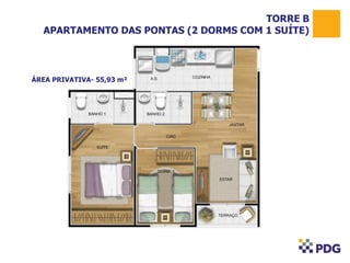 TORRE B
APARTAMENTO DAS PONTAS (2 DORMS COM 1 SUÍTE)

ÁREA PRIVATIVA- 55,93 m²

 