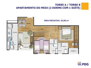 TORRE A / TORRE B
APARTAMENTO DO MEIO (2 DORMS COM 1 SUÍTE)

ÁREA PRIVATIVA- 55,06 m²

 