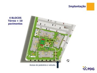 Implantação

4 BLOCOS
Térreo + 10
pavimentos

Acesso de pedestres e veículos

 