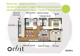 Planta Tipo - Finais 1, 2, 5 e 6
121,48 m² área total (1 vaga) / 70,43 m² área privativa
152,66 m² área total (2 vagas) / 70,43 m² área privativa
Área de
Serviço

Dormitório

Banho Social

Suíte

Banho Suíte

Cozinha

Sala de Jantar

Sala de Estar

Terraço

 