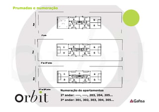 Prumadas e numeração

Numeração do apartamentos
2º andar: ----, ----, 203, 204, 205...
3º andar: 301, 302, 303, 304, 305...

 