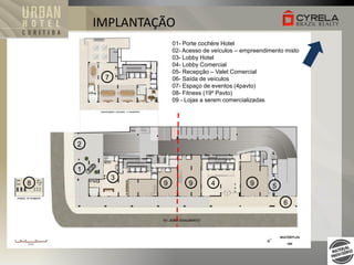 IMPLANTAÇÃO
01- Porte cochére Hotel
NORTE
02- Acesso de veículos – empreendimento misto
03- Lobby Hotel
04- Lobby Comercial
05- Recepção – Valet Comercial
06- Saída de veículos
07- Espaço de eventos (4pavto)
08- Fitness (19º Pavto)
09 - Lojas a serem comercializadas

7

2

1
9
8

3

9

9

4

9

5
6

 