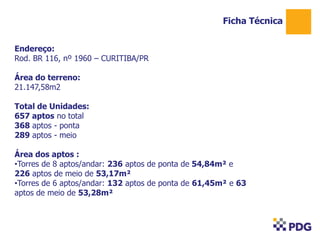 Ficha Técnica
Endereço:
Rod. BR 116, nº 1960 – CURITIBA/PR
Área do terreno:
21.147,58m2
Total de Unidades:
657 aptos no total
368 aptos - ponta
289 aptos - meio
Área dos aptos :
•Torres de 8 aptos/andar: 236 aptos de ponta de 54,84m² e
226 aptos de meio de 53,17m²
•Torres de 6 aptos/andar: 132 aptos de ponta de 61,45m² e 63
aptos de meio de 53,28m²

 