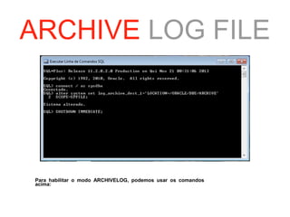 ARCHIVE LOG FILE

Para habilitar o modo ARCHIVELOG, podemos usar os comandos
acima:

 