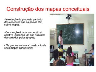 Construção dos mapas conceituais Introdução da proposta partindo dos conceitos que os alunos têm sobre mapas. Construção do mapa conceitual coletivo utilizando um dos assuntos descartados pelos grupos; - Os grupos iniciam a construção de seus mapas conceituais; 