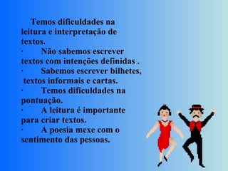       Temos dificuldades na leitura e interpretação de textos. ·        Não sabemos escrever textos com intenções definidas . ·        Sabemos escrever bilhetes,  textos informais e cartas. ·        Temos dificuldades na pontuação. ·        A leitura é importante para criar textos. ·        A poesia mexe com o sentimento das pessoas.   