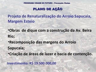 PROGRAMA CIDADE DO FUTURO – Prevenção Cheias



                  PLANO DE AÇÃO

Projeto de Renaturalização do Arroio Sapucaia,
Margem Esteio

•Obras de dique com a construção da Av. Beira
Rio;
•Recomposição das margens do Arroio
Sapucaia;
•Criação de áreas de lazer e bacia de contenção.

Investimento: R$ 19.500.000,00
 