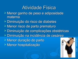 Atividade FísicaAtividade Física
 Menor ganho de peso e adiposidadeMenor ganho de peso e adiposidade
maternamaterna
 Diminuição do risco de diabetesDiminuição do risco de diabetes
 Menor risco de parto prematuroMenor risco de parto prematuro
 Diminuição de complicações obstétricasDiminuição de complicações obstétricas
 Diminuição na incidência de cesáreaDiminuição na incidência de cesárea
 Menor duração do partoMenor duração do parto
 Menor hospitalizaçãoMenor hospitalização
(Modificações...,2007)
 