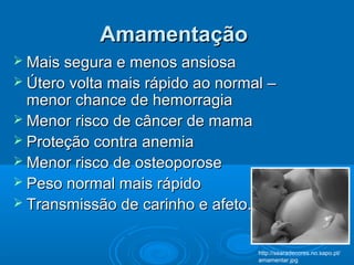  Mais segura e menos ansiosaMais segura e menos ansiosa
 Útero volta mais rápido ao normal –Útero volta mais rápido ao normal –
menor chance de hemorragiamenor chance de hemorragia
 Menor risco de câncer de mamaMenor risco de câncer de mama
 Proteção contra anemiaProteção contra anemia
 Menor risco de osteoporoseMenor risco de osteoporose
 Peso normal mais rápidoPeso normal mais rápido
 Transmissão de carinho e afeto.Transmissão de carinho e afeto.
AmamentaçãoAmamentação
http://searadecores.no.sapo.pt/
amamentar.jpg
 