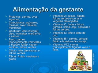 Alimentação da gestanteAlimentação da gestante
 Proteínas: carnes, ovos,Proteínas: carnes, ovos,
legumes,legumes,
 Carboidratos: açúcares,Carboidratos: açúcares,
massas, arroz, batatas,massas, arroz, batatas,
mandioca.mandioca.
 Gorduras: leite (integral),Gorduras: leite (integral),
óleo, manteiga, margarinaóleo, manteiga, margarina
e carnes.e carnes.
 Ferro: carnesFerro: carnes
(principalmente vermelhas(principalmente vermelhas
e fígado), feijão, vageme fígado), feijão, vagem
ervilhas, folhas verdes.ervilhas, folhas verdes.
 Cálcio: leite (derivados) eCálcio: leite (derivados) e
folhas verdes.folhas verdes.
 Fibras: frutas, verduras eFibras: frutas, verduras e
grãos.grãos.
 Vitamina A: peixes, fígado,Vitamina A: peixes, fígado,
folhas verdes-escuras efolhas verdes-escuras e
vegetais alaranjados.vegetais alaranjados.
 Vitamina C: frutas cítricasVitamina C: frutas cítricas
(laranja, limão, caju, acerola) e(laranja, limão, caju, acerola) e
folhas verdes.folhas verdes.
 Vitamina D: leite e clara deVitamina D: leite e clara de
ovo.ovo.
 Vitamina B1: carnes, cereais,Vitamina B1: carnes, cereais,
feijão e levedura de cerveja.feijão e levedura de cerveja.
 Vitamina 812: carnesVitamina 812: carnes
(principalmente fígado), ovos e(principalmente fígado), ovos e
leite.leite.
(SANTOS,2008)
 
