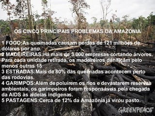 OS CINCO PRINCIPAIS PROBLEMAS DA AMAZONIA 1 FOGO:As queimadas causam perdas de 121 milhões de dólares por ano.  2 MADEIREIRAS:Há mais de 3 000 empresas cortando árvores. Para cada unidade retirada, os madeireiros danificam pelo menos outras 15 3 ESTRADAS:Mais de 80% das queimadas acontecem perto das rodovias.  4 GARIMPOS:Além de poluírem os rios e devastarem reservas ambientais, os garimpeiros foram responsáveis pela chegada da AIDS às aldeias indígenas.  5 PASTAGENS:Cerca de 12% da Amazônia já virou pasto.  
