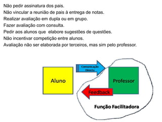 Não pedir assinatura dos pais.
Não vincular a reunião de pais à entrega de notas.
Realizar avaliação em dupla ou em grupo.
Fazer avaliação com consulta.
Pedir aos alunos que elabore sugestões de questões.
Não incentivar competição entre alunos.
Avaliação não ser elaborada por terceiros, mas sim pelo professor.
 