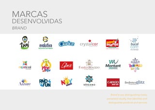 MARCAS
DESENVOLVIDAS
BRAND
Brand is any distinguishing marks,
perceived visually, that identifies and
distinguishes products and services.
pastilhas de vidro
 