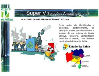 IV – ETAPAS CHAVES PARA O SUCESSO DO SISTEMA

                                  Nesta seção são identificadas e
                                  discutidas,    posteriormente,  as
                                  principais etapas que determinam o
                                  sucesso de um sistema de Coleta
                                  Seletiva, Transporte, Compostagem
                                  domiciliar e central, nos diversos
                                  municípios do Estado da Bahia..
 