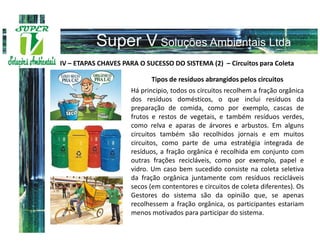 IV – ETAPAS CHAVES PARA O SUCESSO DO SISTEMA (2) – Circuitos para Coleta

                            Tipos de resíduos abrangidos pelos circuitos
                     Há principio, todos os circuitos recolhem a fração orgânica
                     dos resíduos domésticos, o que inclui resíduos da
                     preparação de comida, como por exemplo, cascas de
                     frutos e restos de vegetais, e também resíduos verdes,
                     como relva e aparas de árvores e arbustos. Em alguns
                     circuitos também são recolhidos jornais e em muitos
                     circuitos, como parte de uma estratégia integrada de
                     resíduos, a fração orgânica é recolhida em conjunto com
                     outras frações recicláveis, como por exemplo, papel e
                     vidro. Um caso bem sucedido consiste na coleta seletiva
                     da fração orgânica juntamente com resíduos recicláveis
                     secos (em contentores e circuitos de coleta diferentes). Os
                     Gestores do sistema são da opinião que, se apenas
                     recolhessem a fração orgânica, os participantes estariam
                     menos motivados para participar do sistema.
 