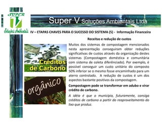 IV – ETAPAS CHAVES PARA O SUCESSO DO SISTEMA (5) - Informação Financeira
                                  Receitas e redução de custos
                      Muitos dos sistemas de compostagem mencionados
                      nesta apresentação conseguiram obter reduções
                      significativas de custos através da organização destes
                      sistemas (Compostagem doméstica e comunitária
                      com sistema de coleta diferênciado). Por exemplo, é
                      possível conseguir um custo unitário do composto
                      50% inferior se o mesmo fosse encaminhado para um
                      aterro controlado. A redução de custos é um dos
                      aspectos bastante positivos da compostagem.
                      Compostagem pode se transformar em adubo e virar
                      crédito de carbono.
                      A idéia é que o município, futuramente, consiga
                      créditos de carbono a partir do reaproveitamento do
                      lixo que produz.
 