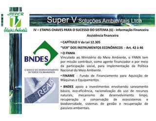 IV – ETAPAS CHAVES PARA O SUCESSO DO SISTEMA (6) - Informação Financeira
                                 Assistência financeira
                • CAPÍTULO V da Lei 12.305
                “VER” DOS INSTRUMENTOS ECONÔMICOS - Art. 42 à 46
                • O FNMA
                Vinculado ao Ministério do Meio Ambiente, o FNMA tem
                por missão contribuir, como agente financiador e por meio
                da participação social, para implementação da Política
                Nacional do Meio Ambiente.
                • FINAME - Fundo de Financiamento para Aquisição de
                Máquinas e Equipamentos
                • BNDES apoio a investimentos envolvendo saneamento
                básico, eco-eficiência, racionalização do uso de recursos
                naturais, mecanismo de desenvolvimento limpo,
                recuperação e conservação de ecossistemas e
                biodiversidade, sistemas de gestão e recuperação de
                passivos ambientais.
 
