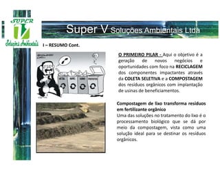 I – RESUMO Cont.
                   O PRIMEIRO PILAR - Aqui o objetivo é a
                   geração    de    novos    negócios   e
                   oportunidades com foco na RECICLAGEM
                   dos componentes impactantes através
                   da COLETA SELETIVA e a COMPOSTAGEM
                   dos resíduos orgânicos com implantação
                   de usinas de beneficiamentos.

                   Compostagem de lixo transforma resíduos
                   em fertilizante orgânico
                   Uma das soluções no tratamento do lixo é o
                   processamento biológico que se dá por
                   meio da compostagem, vista como uma
                   solução ideal para se destinar os resíduos
                   orgânicos.
 