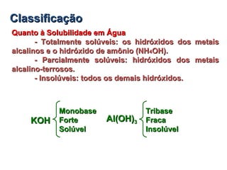 ClassificaçãoClassificação
Quanto à Solubilidade em ÁguaQuanto à Solubilidade em Água
- Totalmente solúveis: os hidróxidos dos metais- Totalmente solúveis: os hidróxidos dos metais
alcalinos e o hidróxido de amônio (NHalcalinos e o hidróxido de amônio (NH44OH).OH).
- Parcialmente solúveis: hidróxidos dos metais- Parcialmente solúveis: hidróxidos dos metais
alcalino-terrosos.alcalino-terrosos.
- Insolúveis: todos os demais hidróxidos.- Insolúveis: todos os demais hidróxidos.
KOHKOH
MonobaseMonobase
ForteForte
SolúvelSolúvel
Al(OH)Al(OH)33
TribaseTribase
FracaFraca
InsolúvelInsolúvel
 