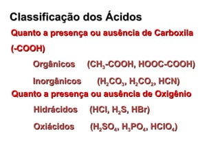 Classificação dos ÁcidosClassificação dos Ácidos
Quanto a presença ou ausência de OxigênioQuanto a presença ou ausência de Oxigênio
Hidrácidos (HCl, HHidrácidos (HCl, H22S, HBr)S, HBr)
OxiácidosOxiácidos (H(H22SOSO44, H, H33POPO44, HClO, HClO44))
Quanto a presença ou ausência de CarboxilaQuanto a presença ou ausência de Carboxila
(-COOH)(-COOH)
Orgânicos (CHOrgânicos (CH33-COOH, HOOC-COOH)-COOH, HOOC-COOH)
InorgânicosInorgânicos (H(H22COCO33, H, H22COCO22, HCN), HCN)
 
