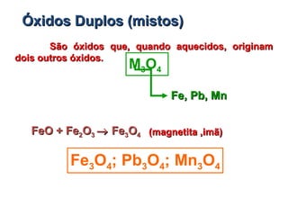 Óxidos Duplos (mistos)Óxidos Duplos (mistos)
São óxidos que, quando aquecidos, originamSão óxidos que, quando aquecidos, originam
dois outros óxidos.dois outros óxidos.
M3O4
Fe, Pb, MnFe, Pb, Mn
Fe3O4; Pb3O4; Mn3O4
FeO +FeO + FeFe22OO33 →→ FeFe33OO44 (magnetita ,imã)(magnetita ,imã)
 