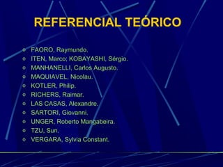 o FAORO, Raymundo.
o ITEN, Marco; KOBAYASHI, Sérgio.
o MANHANELLI, Carlos Augusto.
o MAQUIAVEL, Nicolau.
o KOTLER, Philip.
o RICHERS, Raimar.
o LAS CASAS, Alexandre.
o SARTORI, Giovanni.
o UNGER, Roberto Mangabeira.
o TZU, Sun.
o VERGARA, Sylvia Constant.
REFERENCIAL TEÓRICO
 