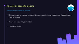 ANÁLISE DE RELAÇÃO SOCIAL
Cidade em que os moradores gostam de ir para panificadoras e cafeterias. Especialista em
cuca e chineque.
Referência arqueológica mundial.
Cidade da chuva
Vendas são na cidade de Joinville:
 