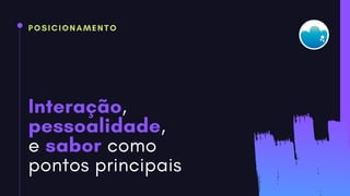 POSICIONAMENTO
Interação,
pessoalidade,
e sabor como
pontos principais
 