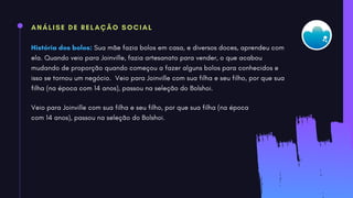 ANÁLISE DE RELAÇÃO SOCIAL
História dos bolos: Sua mãe fazia bolos em casa, e diversos doces, aprendeu com
ela. Quando veio para Joinville, fazia artesanato para vender, o que acabou
mudando de proporção quando começou a fazer alguns bolos para conhecidos e
isso se tornou um negócio. Veio para Joinville com sua filha e seu filho, por que sua
filha (na época com 14 anos), passou na seleção do Bolshoi.
Veio para Joinville com sua filha e seu filho, por que sua filha (na época
com 14 anos), passou na seleção do Bolshoi.
 