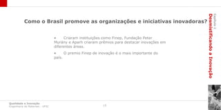 Desmistificando a Inovação
                                                                                                                      Capítulo 1
           Como o Brasil promove as organizações e iniciativas inovadoras?


                                 •     Criaram instituições como Finep, Fundação Peter
                                 Murány e Aparh criaram prêmios para destacar inovações em
                                 diferentes áreas.
                                 •     O premio Finep de inovação é o mais importante do
                                 país.




Qualidade e Inovação
Engenharia de Materiais - UFSC                            15
 