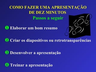 COMO FAZER UMA APRESENTAÇÃO DE DEZ MINUTOS   Passos a seguir Elaborar um bom resumo Criar os diapositivos ou retrotransparências Desenvolver a apresentação Treinar a apresentação 