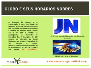 GLOBO E SEUS HORÁRIOS NOBRES


 A depender do horário, se a
 transmissão é para todo Brasil ou
 regional, no horário de qual programa
 que vai passar. O comercial mais caro
 é sempre no horário nobre, novela
 das 8, JN, BBB e Futebol. As
 propagandas são chamadas de
                                               R$ 571. mil - duração 30 segundos com 3 inserções
 inserções. Ex.: 4 inserções de 15"
                                                                   semanais.
 durante os intervalos do Jornal
 Nacional... ou então 2 inserções de
 30"       durante       a       novela.
 Durante o horário nobre uma inserção
 de 1 minuto (2 x 30" ou 4 x 15") está
 em      média      R$     500.000,00.


                                                     R$ 506. mil - 30" e 90" segundos.


                                           w w w . w om e u c o lg b r c.o lo b r i . c o m
                                             ww c . rcoran io. i c i m
 