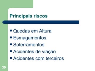 Principais riscos Quedas em Altura Esmagamentos Soterramentos Acidentes de viação Acidentes com terceiros 