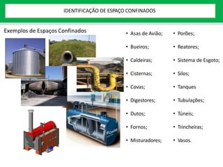 Exemplos de Espaços Confinados • Asas de Avião;
• Bueiros;
• Caldeiras;
• Cisternas;
• Covas;
• Digestores;
• Dutos;
• Fornos;
• Misturadores;
• Porões;
• Reatores;
• Sistema de Esgoto;
• Silos;
• Tanques
• Tubulações;
• Túneis;
• Trincheiras;
• Vasos.
IDENTIFICAÇÃO DE ESPAÇO CONFINADOS
 