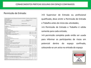 O Supervisor de Entrada ou profissional
qualificado, deve emitir a Permissão de Entrada
e Trabalho antes do início das atividades;
A Permissão de Entrada e Trabalho é válida
somente para cada entrada;
A permissão completa pode então ser usada
para informar os participantes de riscos em
potencial dentro do espaço confinado,
colocando-se um aviso na entrada do espaço
Permissão de Entrada:
CONHECIMENTOS PRÁTICAS SEGURAS EM ESPAÇO CONFINADOS
 