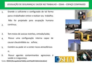 1.
2.
Grande o suficiente e configurado de tal forma
para o trabalhador entrar e realizar seu trabalho;
Não foi projetado para ocupação humana
contínua;
3.
4.
Tem meios de acesso restritos, entrada/saída;
Possui uma configuração interna capaz de
causar claustrofobia ou asfixia;
5. Contém ou pode vir a conter riscos atmosféricos
e;
6. Possui agentes contaminantes agressivos á
saúde e á segurança.
Fonte: OSHA (Occupational Safety and Health Administration)
LEGISLAÇÃO DE SEGURANÇA E SAÚDE NO TRABALHO – OSHA – ESPAÇO CONFINADO
 